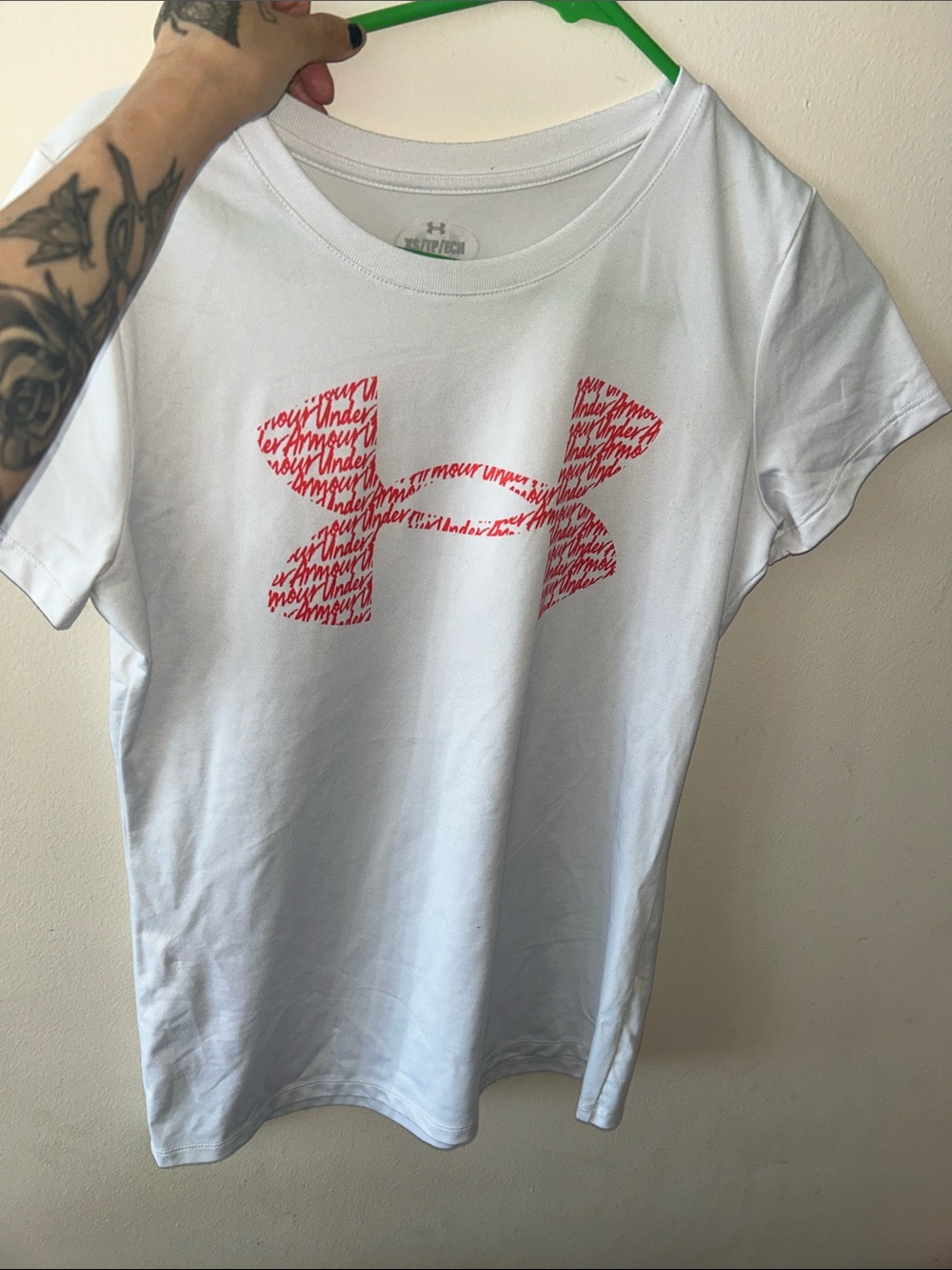 Under Armour White Tee with Red Script Logo